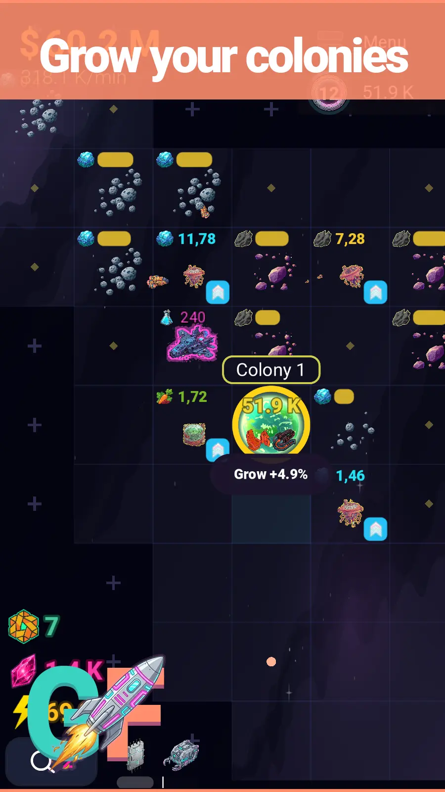 Space map with colonies and mining stations